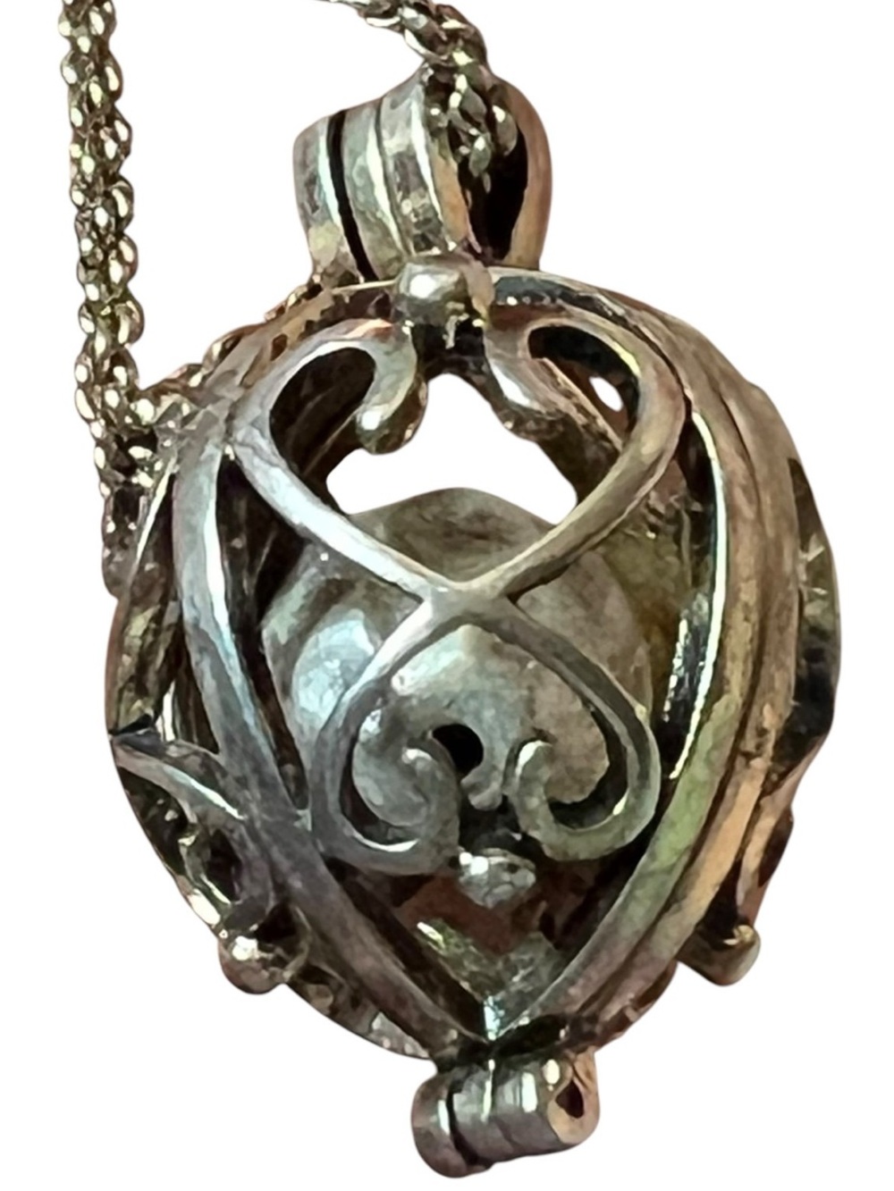 Vintage Silver Tone Filigree Heart Locket Cage Pearl Pendant